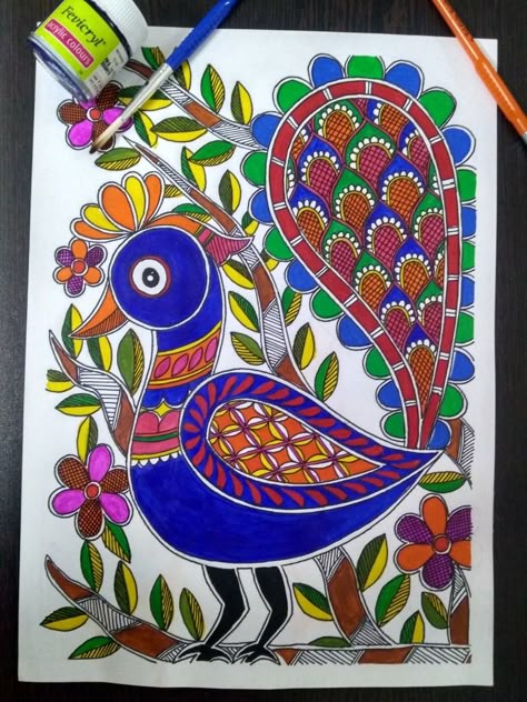 Peacock madhubani design in acrylic paints. Peacock Madhubani, Madhubani Peacock, Madhubani Paintings Peacock, Worli Painting, Madhubani Paintings, Kerala Mural Painting, Kalamkari Painting, Buddha Art Painting, Beautiful Art Paintings