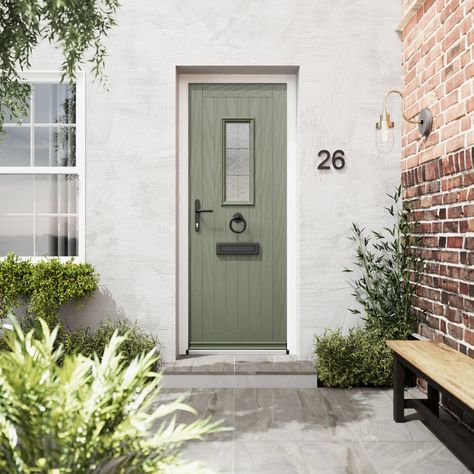 Sage Green Composite Front Door, Green Composite Front Door, Sage Door Exterior, Sage Green Doors Exterior, Olive Green Door, Sage Green Front Door, Sage Green Door, Outdoor Paint Colors, Green Front Door