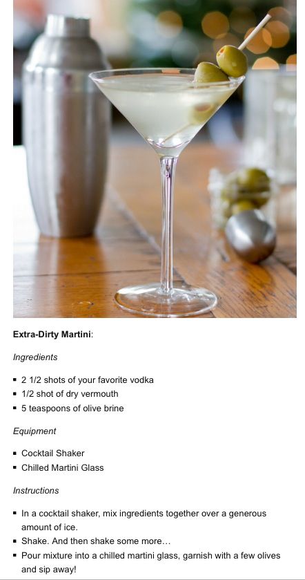 Extra dirty vodka martini Extra Dirty Vodka Martini, Extra Dirty Martini Recipe, Dirty Martini Vodka, Dirty Martini Recipe, Martini Recipes Vodka, Booze Drink, Fun Drinks Alcohol, Wine Slushie, Liquor Recipes