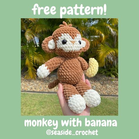 🐵 FREE MONKEY WITH BANANA PATTERN 🍌 This is my first ever pattern and I am so excited to be sharing it as a free pattern! I hope you guys enjoy it!! And a big thank you to all my testers!! #crochet #crochetfreepattern #crochetmonkey #freepattern #freepatternamigurumi #monkey Free Monkey Amigurumi Patterns, Orangutan Crochet Pattern, Mini Monkey Crochet Pattern Free, Monkey Pattern Crochet, Big Crochet Projects Free Pattern, Sock Monkey Crochet Pattern Free, Banana Crochet Pattern Free, Crochet Sock Monkey Pattern Free, Free Monkey Crochet Pattern