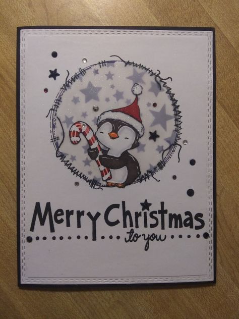 Mft Sweet Holiday Penguins, Coloured Doodles, Penguin Cards, Christmas Card Art, Whimsy Stamps, Christmas Card Crafts, Mft Stamps, Christmas Penguin, Christmas Card Design