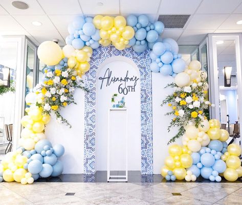 Positano Balloon Garland, Amalfi Coast Theme Birthday Party, Blue And Yellow Balloon Decor, Amalfi Coast Backdrop, Amalfi Theme, Amalfi Style, Lemon Themed Bridal Shower, Bridal Shower Inspo, Amalfi Coast Wedding