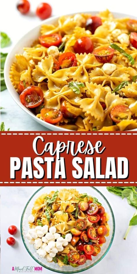 Collage of pictures of pasta salad with mozzarella and tomatoes. Pasta Salad Tomato Mozzarella, A Present Pasta Salad, Pasta Salad Fresh Mozzarella, Pasta Salad Recipes With Mozzarella Pearls, Bruchetta Pasta Salad Recipe, Easy Caprese Pasta Salad, Capers Pasta Salad, Caprese Orzo Salad, Easy Cold Pasta Salad Recipes Simple Healthy