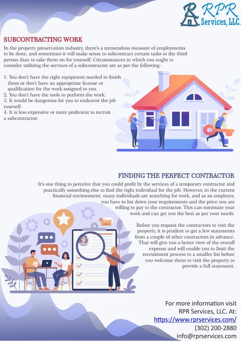 The sub-contractor usually provides their tool and equipment and sends you the invoice for the work done by them, or you can find full-time basis workers as per your requirements and the services you provide as a property preservation company. #contractors #subcontractors #property_preservation_contractor #rpr_services Revocable Living Trust Forms, Property Preservation Business, Property Preservation, Construction Estimating Software, Procurement Process, Legal Advisor, Real Estate Education, Independent Contractor, The Third Person