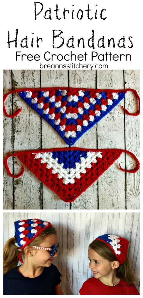 Looking for an easy and festive crochet project? I busted out two of these in about one hour! I was working on a top and it felt like it was taking foreverrrrrrrrrrrr. I needed something quick and cute, so put down what I was working on and I whipped up a couple of these Patriotic Hair Bandanas! Instant gratification. I used the ever so versatile granny stitch. Is there anything you can’t make with a granny stitch? I think these girls are ready for 4th of July festivities! I used acrylic wors... Hair Bandanas, Hair Bandana, Hantverk Diy, Granny Stitch, Crochet Bandana, Instant Gratification, Crochet Hair Accessories, Holiday Crochet, Bandana Hairstyles