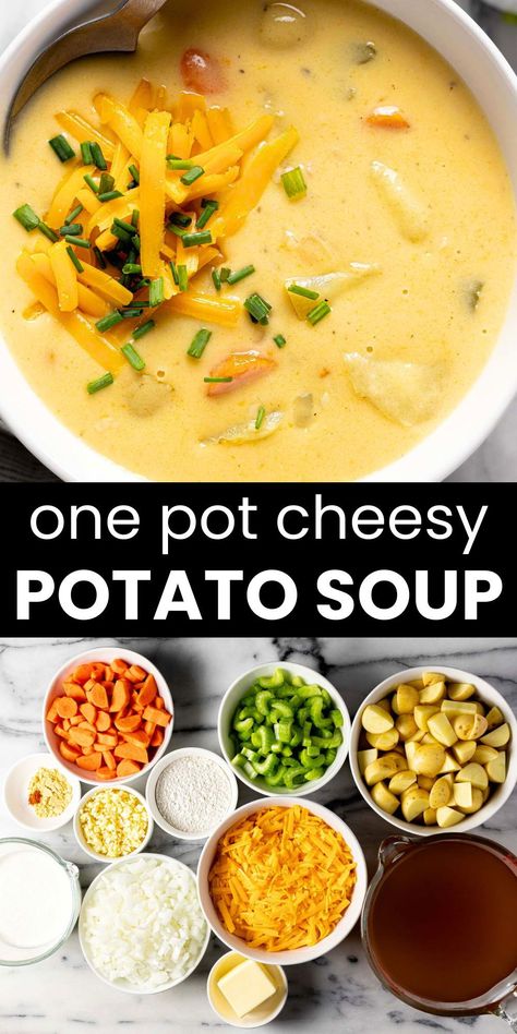 Gather around the dinner table for a cozy meal with this cheesy potato soup! Packed with hearty potatoes and in a creamy, cheesy broth – it’s the perfect easy-to-make meal to keep everyone warm and satisfied on chilly evenings! Simple Easy Dinners Families, Potato Soup Recipes Easy, Short Rib Chili, Ravioli Soup, Chicken Dumpling, Vegetarian Stew, Chicken Dumpling Soup, Meatball Soup Recipes, Cheesy Potato Soup