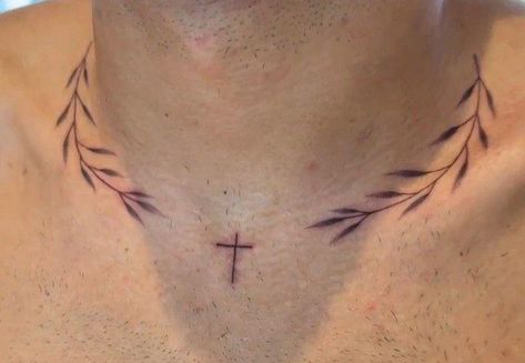 Simple Body Tattoos, Cross Back Tattoo For Men, Man Chest Tattoo, Collarbone Tattoo Men, Tattoos For Chest, Best Chest Tattoos For Men, Collar Bone Tattoo For Men, Wreath Tattoo, Biblical Tattoos