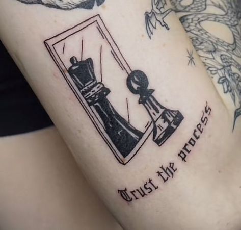 Trust the process chess tattoo |   couple tattoos vegas Man In Mirror Tattoo, Chess Pieces Tattoo Design, Trust The Process Tattoo Men, Chess Tattoo Ideas For Men, Process Tattoo Ideas, Trust The Process Tattoo Ideas, Chess Tattoo Ideas, Chess Tattoo Design, Tattoo Chess