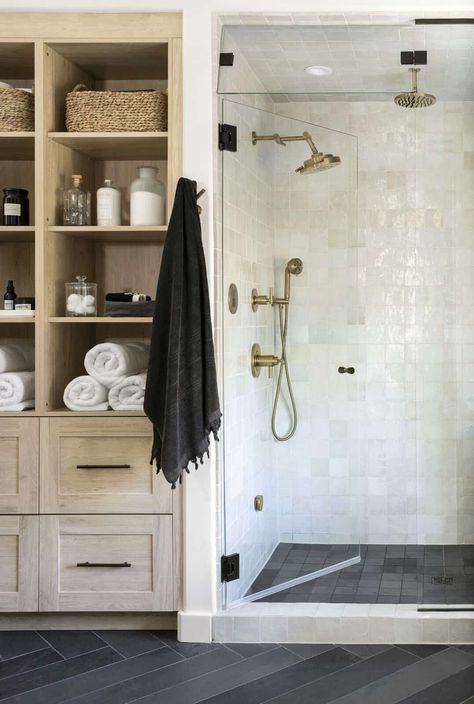 Brooke Wagner Design Bathroom, European Master Bath, Magnolia Home Bathroom, Master Bath Shower Remodel, Master Bath With Laundry, California Casual Bathroom, Mountain Modern Bathroom, Small Master Bath Remodel, Square Bathroom Layout