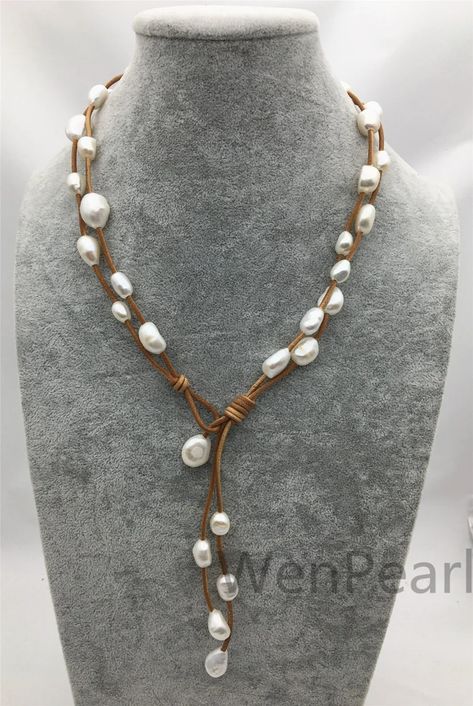 Two Rows Baroque Pearl Leather Necklacepearl and Leather | Etsy Pearl Leather Necklace, Leather Pearl Jewelry, Leather Pearl Necklace, Necklace Leather, Baroque Pearl Necklace, Dainty Gold Necklace, Pearl Leather, Classy Jewelry, Necklace Pearl