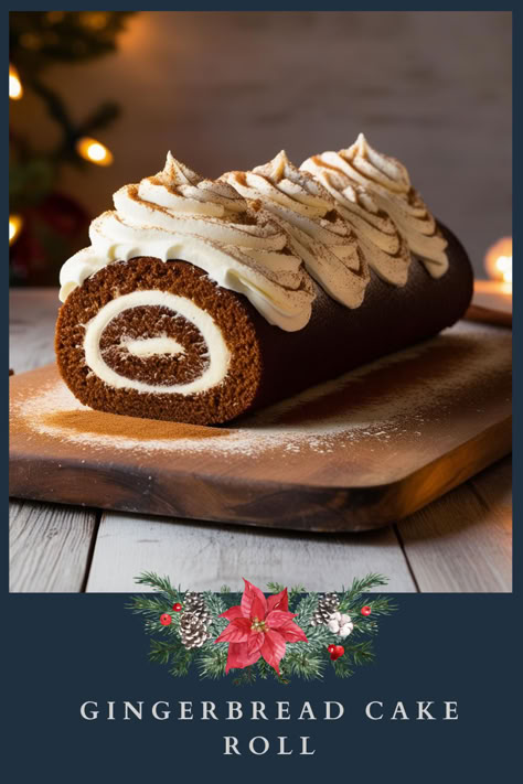 This Gingerbread Cake Roll is filled with spiced molasses and whipped cream—perfect for bringing the holiday spirit to your table.

Ingredients:

4 eggs
3/4 cup brown sugar
1/2 cup all-purpose flour
1 tsp ground ginger
1/2 tsp cinnamon
1/2 cup heavy cream

Instructions:

Preheat oven to 350°F (175°C). Line a jelly roll pan with parchment paper.
Whisk eggs and sugar until fluffy. Add ginger, cinnamon, and flour.
Bake for 10-12 minutes. Cool, unroll, and fill with whipped cream. Gingerbread Cake Roll, Christmas Cake Roll, Red Velvet Cake Roll, Eggnog Cake, Sponge Cake Filling, Chocolate Hazelnut Cake, Carrot Spice Cake, Strawberry Shortcake Cake, Mocha Cake