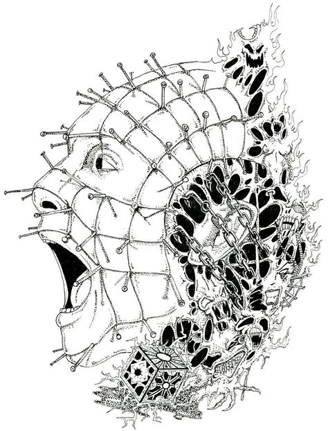 Pinhead Cenobite Tattoo, Pinhead Tattoo, Hellraiser Tattoo, Hellraiser Art, Head Drawings, Creepy Sketches, Pinterest Tattoos, Horror Tattoos, Horror Movie Tattoos