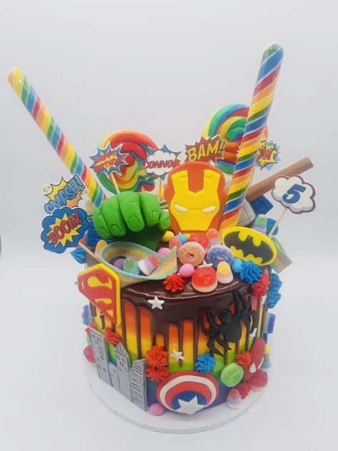 Crazy Superhero Cake Easy Superhero Cake, Cake Designs Superhero, Superhero Pull Apart Cupcake Cake, Sweetie Birthday Cake, Avengers Drip Cake, Spiderman And Unicorn Cake, Superhero Buttercream Cake Ideas, Chocolate Superhero Cake, 6th Birthday Boys