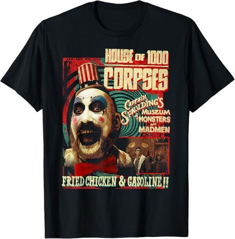 Rob Zombie – Captain Spaulding Museum T-Shirt : Amazon.co.uk: Fashion Captain Spaulding, Zombie T Shirt, Rob Zombie, Cargo Jacket, Pocket Jacket, My Chemical Romance, Pattern Drawing, Mad Men, Crew Neck Tee