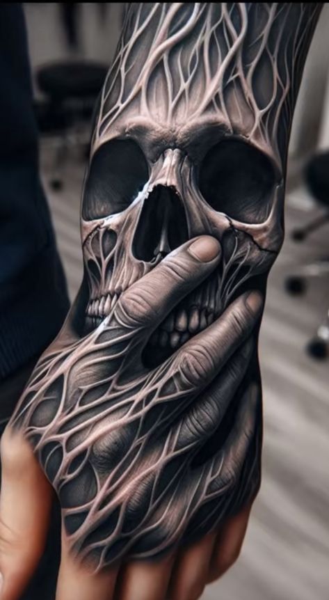 Spooky Tattoos Men, Skull Sleeve Tattoos For Men Design, Skulls Tattoos For Men, Scorpion Skeleton Tattoo, Full Hand Tattoo Men Design, Cool Male Tattoos, Medusa Skull Tattoo, Paradoxical Tattoo, Horror Hand Tattoos