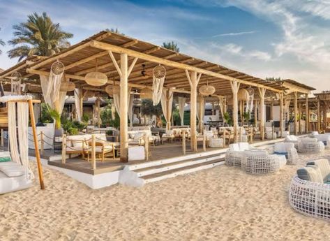 Beach Restaurant Design, Aesthetic Restaurant, Outdoor Restaurant Design, Beach Restaurant, Beach Cabana, Beach Lounge, Beach Cafe, Palm Jumeirah, Resort Design