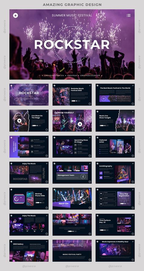 Rockstar - Music Event PowerPoint Template has a professional, ultra-modern and unique design, where each slide is created with love and attention to detail. So, Grab it Fast! 😀 Presentation Music, Event Presentation, Event Proposal Template, Event Proposal, Event Agency, Summer Music Festivals, Slides Design, Music Party, Proposal Templates