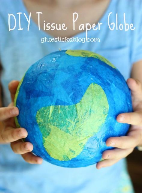 Tissue paper, a styrofoam ball, and a bit of glue is all you need to make a darling little globe craft. A fun craft for Earth Day or a solar system unit craft! Hang with a small hook and string from the ceiling for a fun way to display! Paper Mache Earth Preschool, Globe Preschool Activities, Earth Day Diy Crafts, Planet Earth Crafts Preschool, Earth Crafts Preschool, Globe Crafts For Kids, Paper Mache Earth, Earth Day Crafts For Kids, Globe Stand