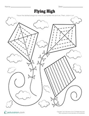 Catch some air! This worksheet has preschoolers learning to write diagonal lines and diamonds by having them trace diamond-shaped kites. #educationdotcom Kites Preschool, Elements Of Art Line, Shape Worksheets For Preschool, Flying Kites, Shapes Preschool, Lines And Shapes, Shapes Worksheets, Diagonal Lines, Spring Preschool