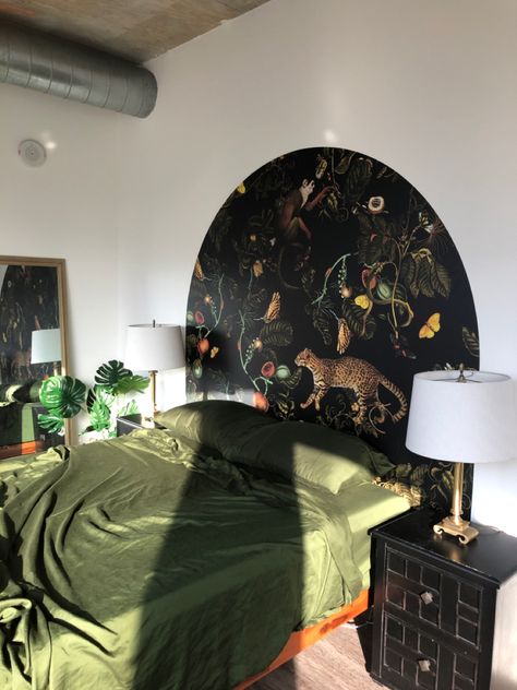 Moody Bedroom Scheme
Jungle Vibes
Custom Arch Wallpaper
Green Bedding
Industrial Loft Moody Maximalist Bedding, Dreamy Dark Bedroom, Black Bed Dark Walls, Black Room With Wallpaper, Moody Eccentric Bedroom, Jungle Maximalist Bedroom, Dark Moody Eclectic Bedroom, Eclectic Dark Bedroom, Tropical Goth Bedroom