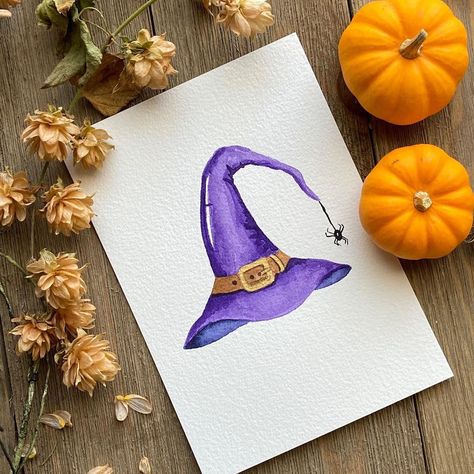 Watercolor Witches Hat, Witch Hat Watercolor, Halloween Cards Handmade Watercolor, Watercolor Halloween Cards Diy, Witch Hat Painting, Halloween Watercolors, Halloween Watercolor Art, Witch Watercolor, Watercolor Whimsy