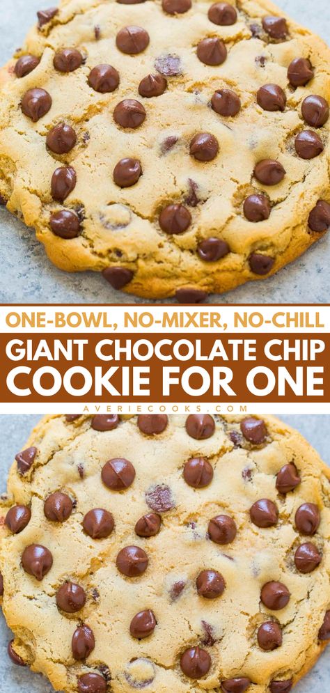 An extra large cookie for your next sweet food craving! In just minutes, you can have a giant chocolate chip cookie for one that's soft and chewy. Save this single serving chocolate chip cookie recipe for an easy dessert to make at home in one bowl with no mixer and no chilling! Deep Dish Cookie For One, Single Serving Cookie Dough Recipe, Giant Cookie Recipe For One, Super Easy Chocolate Desserts, Single Cookie Recipe No Egg, Dessert Recipes With Stuff At Home, One Person Chocolate Chip Cookie, One Minute Chocolate Chip Cookie, 1 Chocolate Chip Cookie Recipe