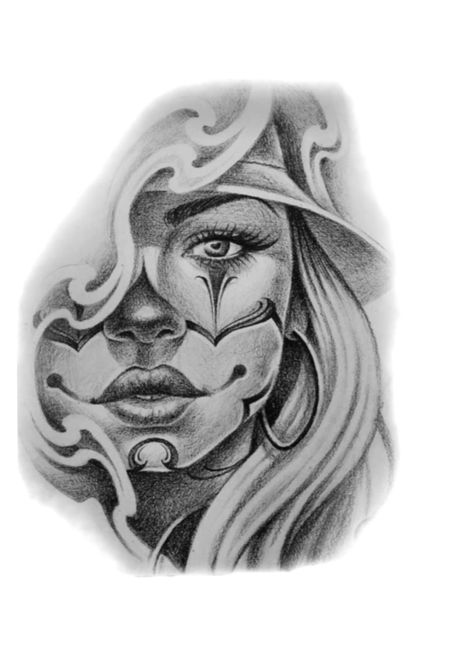 Chicano Woman Tattoo Design, Chicana Tattoo Design, Chola Tattoo Ideas, Tattoos Stencils Outline, Face Tattoo Design, Payasa Tattoo, Sacred Geometry Tattoos, Tattoos Owl, Tattoos Feather