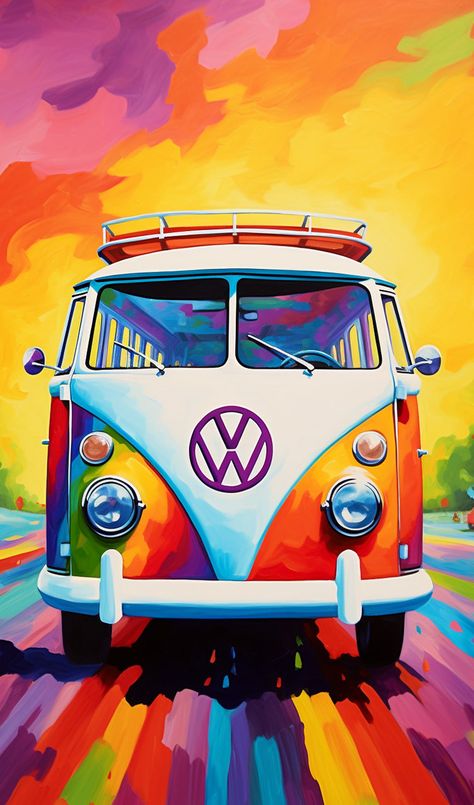 Laminated card with rounded corners. Size: 2.5” x 4.25” 60's themed Volkswagen bus. SP161 Vw Bus Art, Volkswagen Painting, Vw Art Painting, Vw Van Painting, Volkswagen Painting Canvas, Vw Hippie Van, Volkswagen Bus Art, Van Drawing, Vw Bus Painting Canvas