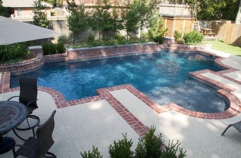 Brick Pool, Pool Patio Designs, Lap Pool Designs, Pool Makeover, Pool Pavers, Family Backyard, Pool Life, Cozy Backyard, Pool Waterfall