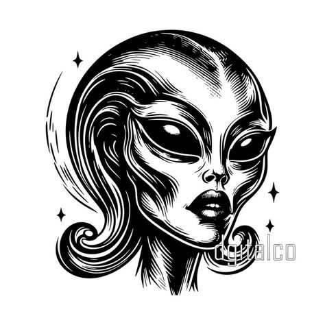 Discover the enigmatic beauty of a Female Alien Face Tattoo Vector. Embrace the allure of the unknown. Perfect for personal and commercial use. Download now! #AlienArt #VectorTattoo #DigitalArt #MysteryArt Alien Lady Tattoo, Alien Tattoo Stencil, Female Alien Art, Alien Face Drawing, Extraterrestrial Art, Alien Vector, Female Alien, Vector Tattoo, Pin Up Girl Tattoo