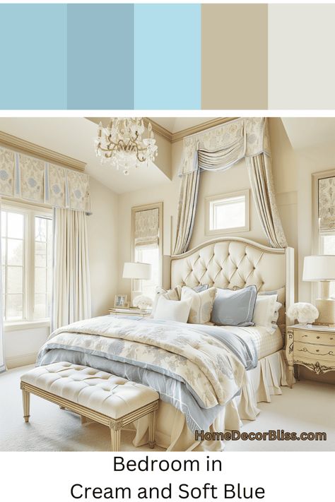 Luxurious Traditional Bedroom: Cream & Soft Blue Color Scheme Blue Cream Bedroom, Cream And Blue Bedroom, Bridgerton Bedroom, Blue And Cream Bedroom Ideas, Soft Blue Color Palette, French Blue Bedroom, Ornate Chandelier, Blue And Cream Bedroom, Cream Bedroom Ideas