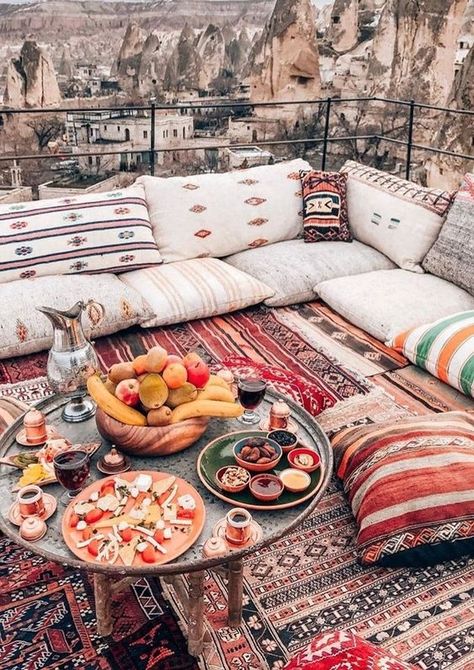 How to Design a Moroccan Style Outdoor – Latitude 31n Chill Lounge, Turkish Breakfast, Cappadocia Turkey, Stay Awake, Istanbul Travel, Floor Seating, How To Stay Awake, Turkish Coffee, Beautiful View