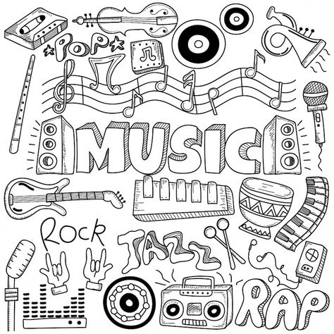 Cute Music Drawings, Music Related Drawings, Doodles Music, Doodle Drawing Ideas, Music Lettering, Music Coloring Sheets, Drawing Ideas Easy Doodles, Musical Instruments Drawing, Music Doodle