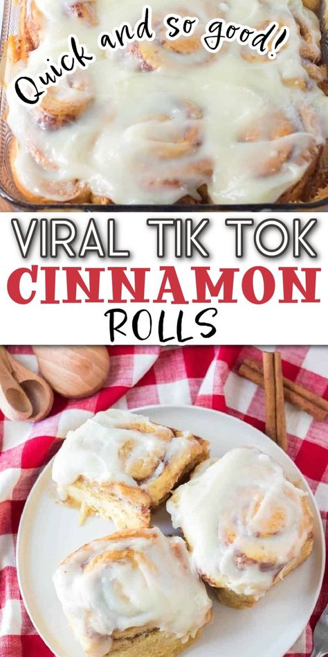 Soft cinnamon rolls with frosting with Pinterest overlay. Tik Tok Cinnamon Rolls, Tiktok Cinnamon Rolls, Best Cinnamon Buns, Cinnamon Buns Recipe, Homemade Cinnamon Rolls Easy, Quick Cinnamon Rolls, Easy Cinnamon Rolls, Cinnamon Bun Recipe, Cinnabon Cinnamon Rolls