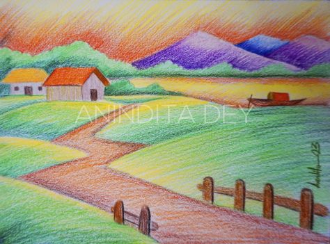 Colour pencil Natural Scenery Drawing Pencil, Natural Scenery Drawing, Scenery Drawing Pencil, Scenery Drawing, Oil Pastels Painting, Colour Pencil, Colored Pencil Techniques, Drawing Pencil, Natural Scenery