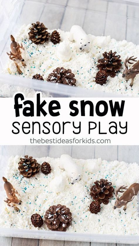 Fake Snow Sensory Bin - this small world play scene for Winter is so fun to make! A perfect winter kids sensory activity. #bestideasforkids Fake Snow With Conditioner, Sensory Bin For School Age, Diy Snow Sensory Bin, Toddler Craft Ideas Winter, Xmas Messy Play Ideas, Snow Prek Activities, Snow Kids Crafts, Fun Winter Games For Kids, Fun Messy Play Activities