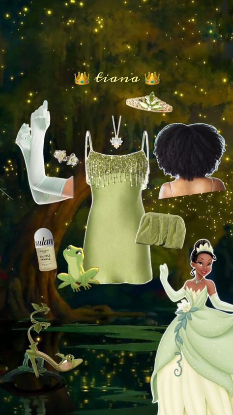 princess and the frog, duo costume inspo, party outfit, halloween. 🐸 Party Outfit Halloween, Princess Tiana Costume, Tiana Princess And The Frog, Tiana Costume, Tiana Princess, Frog Costume, Duo Costumes, Winter Dance, Outfit Halloween