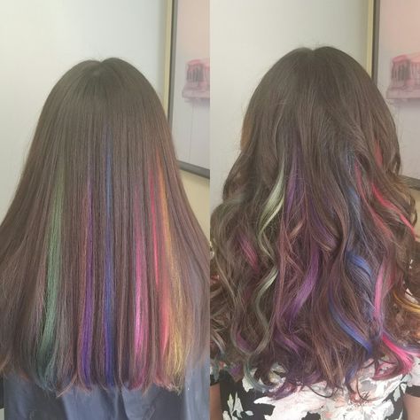 Rainbow hair. Peak a boo highlights. Brunette Rainbow Highlights, Dark Hair With Rainbow Highlights, Creative Color Placement Hair, Rainbow Peak A Boo Highlights, Hair Peak A Boo, Crown Hair Color, Peak A Boo Highlights Brunettes, Peek A Boo Highlights On Dark Hair, Rainbow Hair Underneath