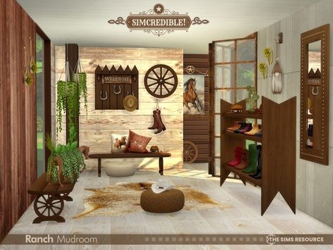 The Sims Resource - Mudroom Part2 (Patreon) Sims 4 Cc Western Furniture, Sims 4 Western, Sims 4 Farmhouse, Ranch Boots, Ranch Decor, Western Furniture, Farmhouse Interior, Sims 4 Cc, Western Decor