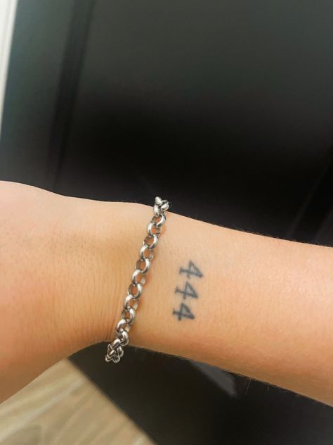 Angel Number Wrist Tattoo, Number Wrist Tattoo, 444 Wrist Tattoo, 444 Tattoo Font, 444 Tattoo Ideas, 444 Tattoo, Inner Wrist Tattoos, Roman Numeral Tattoos, Number Tattoos