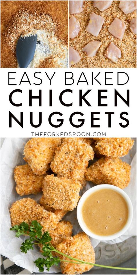 These extra crispy Baked Chicken Nuggets are baked in the oven and made with simple, healthy ingredients like panko breadcrumbs, grated parmesan cheese, chicken breast, and spices. Enjoy with your favorite dips and sauces, these yummy little homemade chicken nuggets are guaranteed to win over the whole family - both kids and adults! Baked Breaded Chicken Nuggets, Baked Chicken Nuggets Panko, Breaded Chicken In The Oven, Panko Chicken Bites, Healthy Breaded Chicken, Chicken Nuggets Baked, Chicken Bites Baked, Homemade Chicken Nuggets Baked, Panko Breaded Chicken