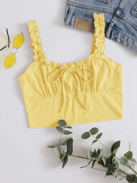 Ruched Bust Top, Magic Fashion, Satin Bodycon Dress, Yellow Crop Top, Ruffle Crop Top, Crop Top Outfits, Yellow Top, Knit Crop Top, Teenage Fashion Outfits