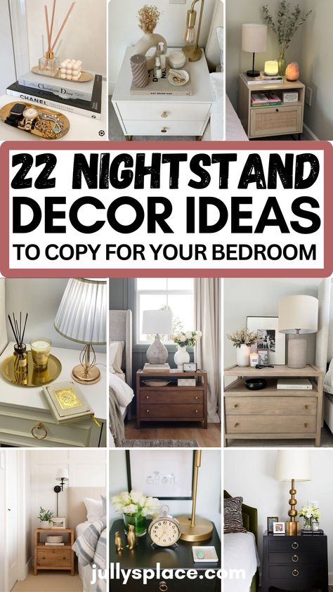 nightstand decor ideas, bedside table decor ideas, nightstand decorations, nightstand ideas, bedside ideas, bedroom ideas Bedroom With Dresser As Nightstand, Bed Sides Ideas, Guest Room Nightstand Ideas, Side Table Lamp Decor, Side Table Vignette, Styling A Bedside Table, Decorating Bedside Tables, Feng Shui Nightstand, Large Bedside Table Ideas