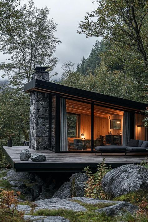 40 Mind-Blowing Mid Century Modern Cabins Mountain Cabins Modern, Cabin Resort Ideas, Montana Homes Exterior, Offgrid Home Cabin, Small House In Mountains, Mountain Home Landscaping Ideas, Mid Century Mountain Home, Wood Stone House, Scandinavian Mountain House