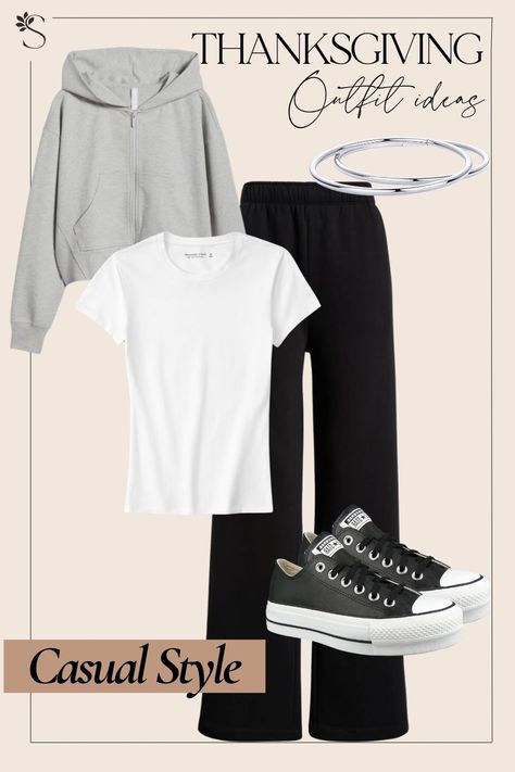 Thanksgiving Outfit Ideas - Casual Style  Black Sweat Pants and Grey Hoodie Thanksgiving Day Outfits, Casual Thanksgiving Outfits, White Tee Jeans, Thanksgiving Outfit Ideas, Turkey Trot, Thanksgiving Outfits, Sweater Bags, Puffy Coat, Day Outfits