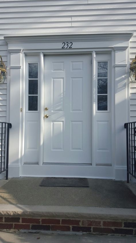 Door Trim Replacement Randolph Pvc Exterior Door Trim, Trim Around Front Door Exterior, Front Door Trim Exterior, Exterior Door Trim Ideas, White Front Door Exterior, Interior Front Door Trim, Doorway Ideas, Front Door Side Windows, Colonial Front Door