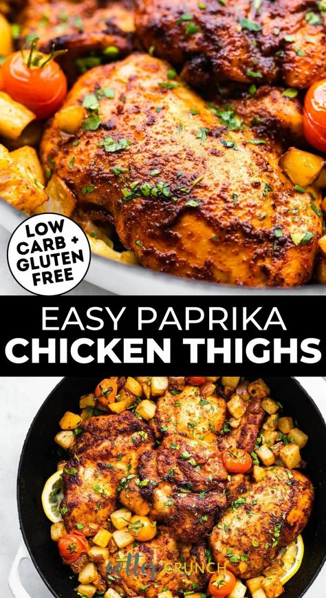 Fall meal inspo for you! These Easy Paprika Chicken Thighs are made with less than ten ingredients and cook in the air fryer or oven in less than twenty-five minutes. Sweet and spicy, this low carb dinner is loaded with flavor and pair well with all your favorite gluten free sides! Naturally dairy free and grain free this baked paprika chicken is an easy dinner recipes for family. Check out CotterCrunch.com for more healthy dinner ideas! Chicken Thigh Recipes Dairy Free, Chicken Thigh Dinner Recipes Healthy, Gluten Free Dairy Free Chicken Thigh Recipes, Dairy Free Chicken Thigh Recipes, Gluten Free Chicken Thigh Recipes, High Protein Low Carb Chicken Recipes, Gluten Free Boneless Chicken Thigh Recipes, Low Calorie Chicken Thigh Recipe, Chicken Thigh Gluten Free Recipe