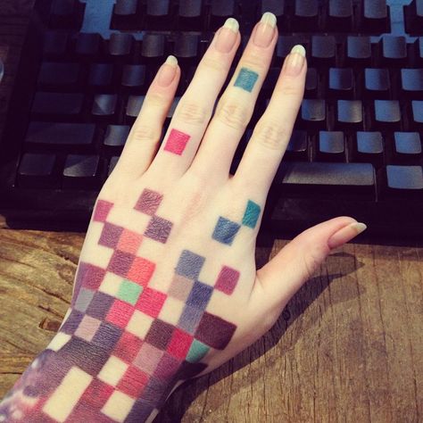 Pixelated Multicolor Hand Tattoo http://www.pairodicetattoos.com/pixelated-hand-tattoo/ Pixel Tattoo, Square Tattoo, Brush Tattoo, Fort Wayne Indiana, Incredible Tattoos, Star Wars Tattoo, Nails Now, R Tattoo, Tattoo Designs For Girls