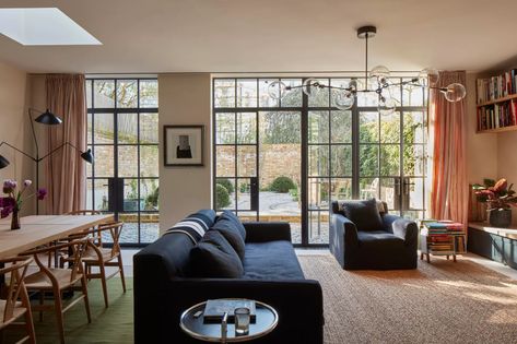 See how Crittall doors, rooflights, and marble decor give this London townhouse sense of spaciousness, light and elegance | Livingetc Wooden Worktops, Victorian Terraced House, Office Images, London Townhouse, Basement Windows, Bathroom Images, Pink Curtains, Bedroom Images, Modern Lighting Design