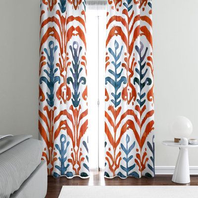 Orange Curtains Living Room, Blue And Orange Living Room, Mustard Yellow Curtains, Burnt Orange Living Room, Turquoise Curtains, Ikat Curtains, Bay Window Living Room, Orange Curtains, Leaf Curtains